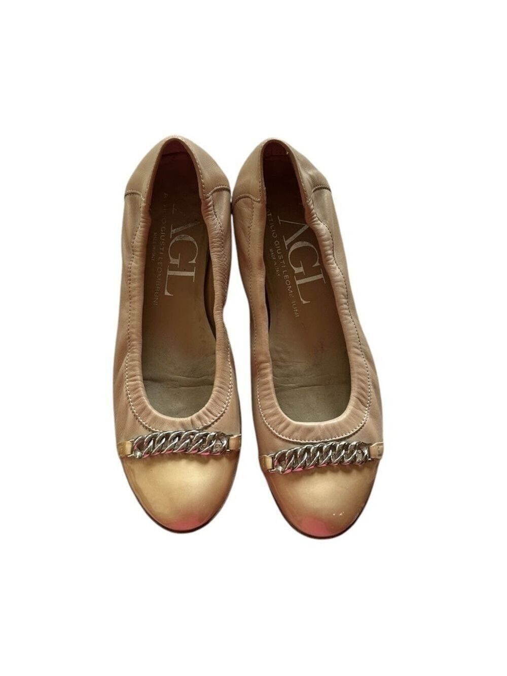 AGL ballet flats Nude with Champagne and Chain details AGL cap toe patent 39/8.5